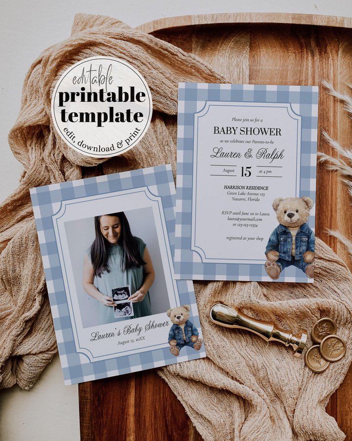 Blue Jeans Teddy Bear Baby Shower Invitation for Boys Printable Vintage Classic Polo Teddy Bear Denim Baby Shower Invite Template #068 - TheLovebirdsDesign