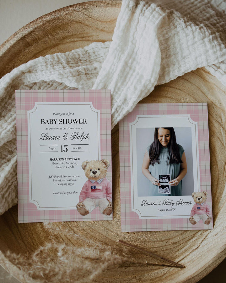 Pink Polo Teddy Bear Baby Shower Invitation for Girls Editable Vintage Classic Bear Baby Shower Invite Elegant Plaid Theme Template #068 - TheLovebirdsDesign