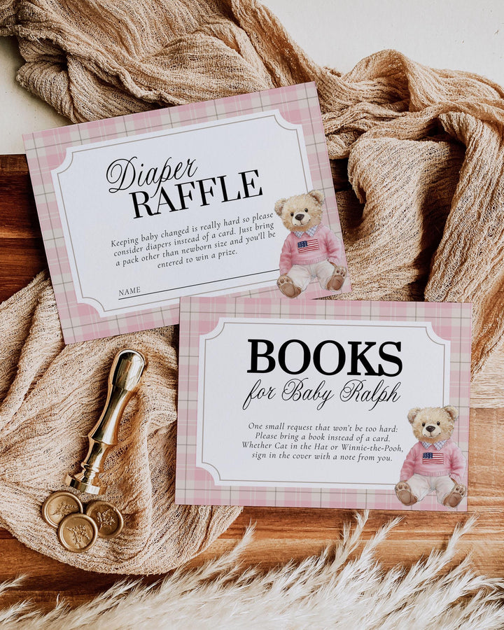 Pink Polo Teddy Bear Baby Shower Invitation for Girls Editable Vintage Classic Bear Baby Shower Invite Elegant Plaid Theme Template #068 - TheLovebirdsDesign