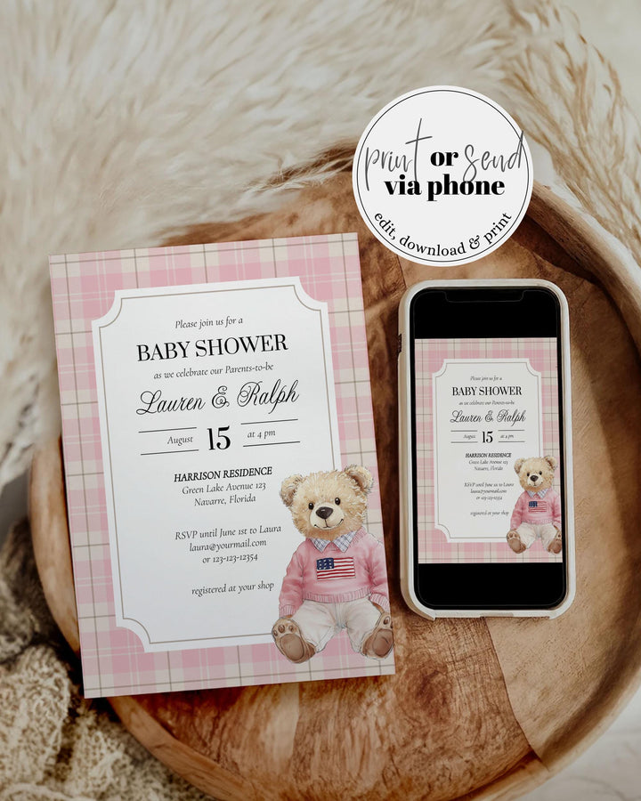 Pink Polo Teddy Bear Baby Shower Invitation for Girls Editable Vintage Classic Bear Baby Shower Invite Elegant Plaid Theme Template #068 - TheLovebirdsDesign