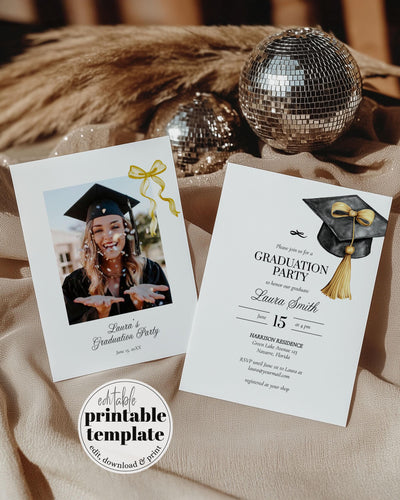 Graduation Party Invitation Editable Golden Tassel Bow Graduation Announcement Class of 2025 College or High School Grad Invite Template#023 - TheLovebirdsDesign