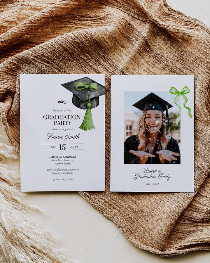 Graduation Party Invitation Editable Green Tassel Bow Graduation Announcement Class of 2025 College or High School Grad Invite Template #023 - TheLovebirdsDesign