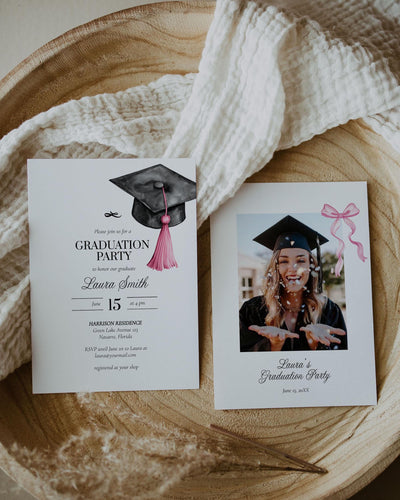 Graduation Party Invitation Editable Pink Tassel Bow Graduation Announcement Class of 2025 College or High School Grad Invite Template#023 - TheLovebirdsDesign