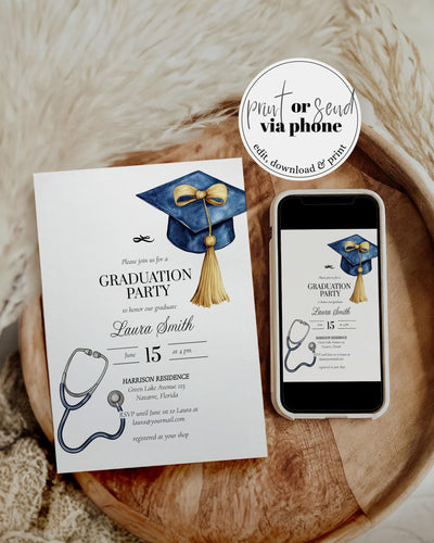 Nurse Graduation Party Invitation Editable Stetoscope Bow Graduation Announcement Class of 2025 Editable Printable Grad Invite Template #023 - TheLovebirdsDesign