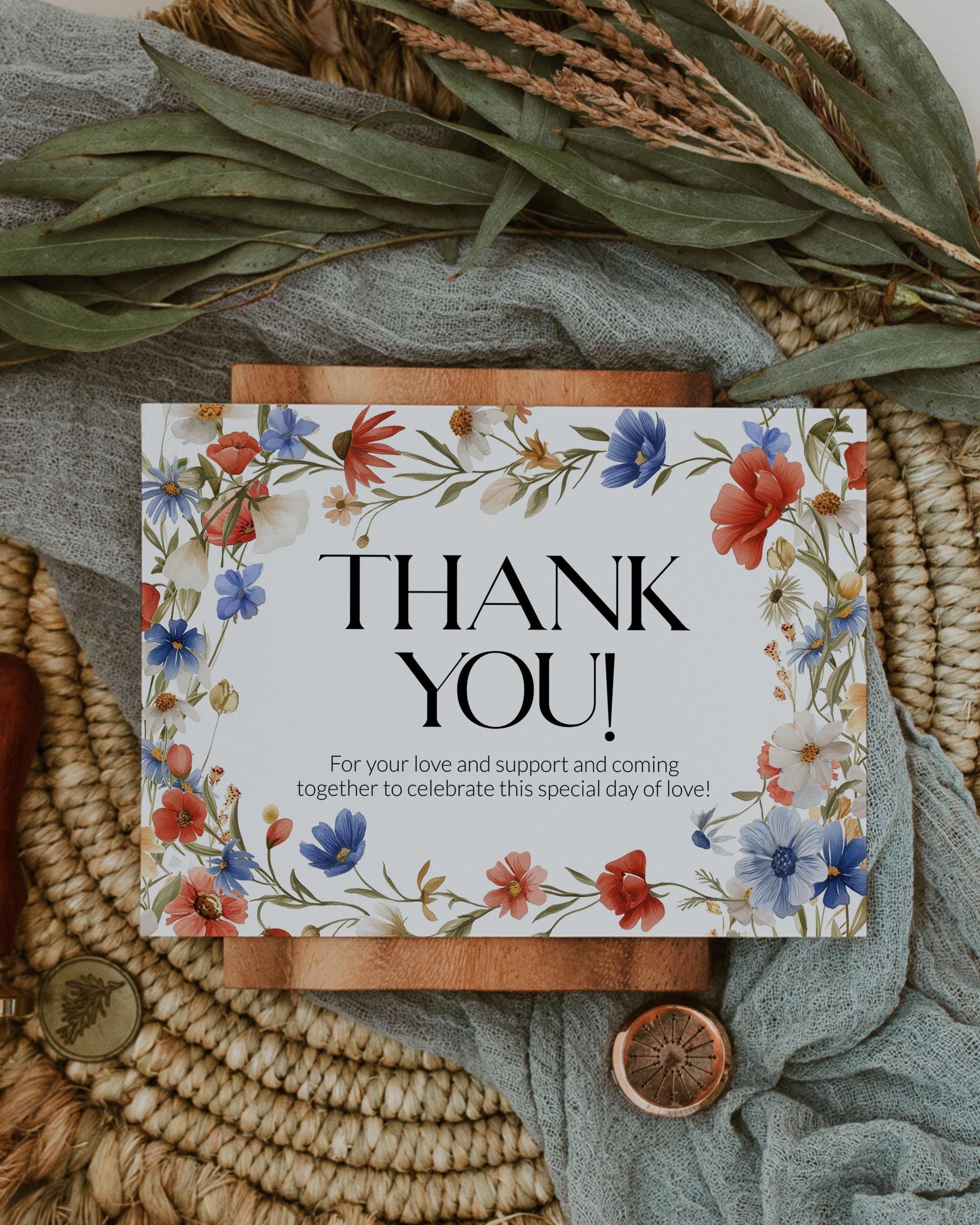 Wildflower 4th of July Thank you Card Template Red White and Blue Floral Baby Shower Thank you Note for Independence Day BBQ Grillout #072 - TheLovebirdsDesign