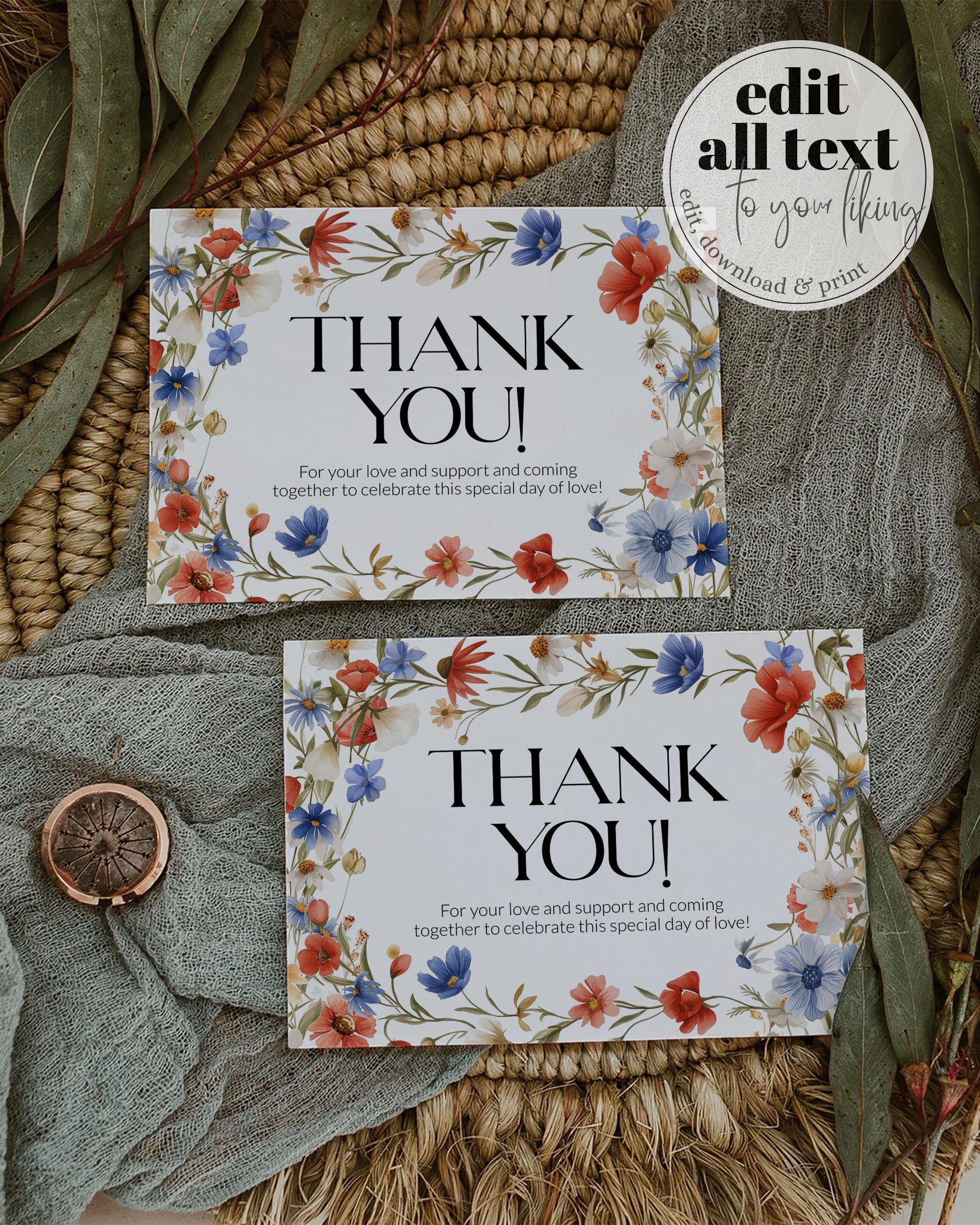 Wildflower 4th of July Thank you Card Template Red White and Blue Floral Baby Shower Thank you Note for Independence Day BBQ Grillout #072 - TheLovebirdsDesign