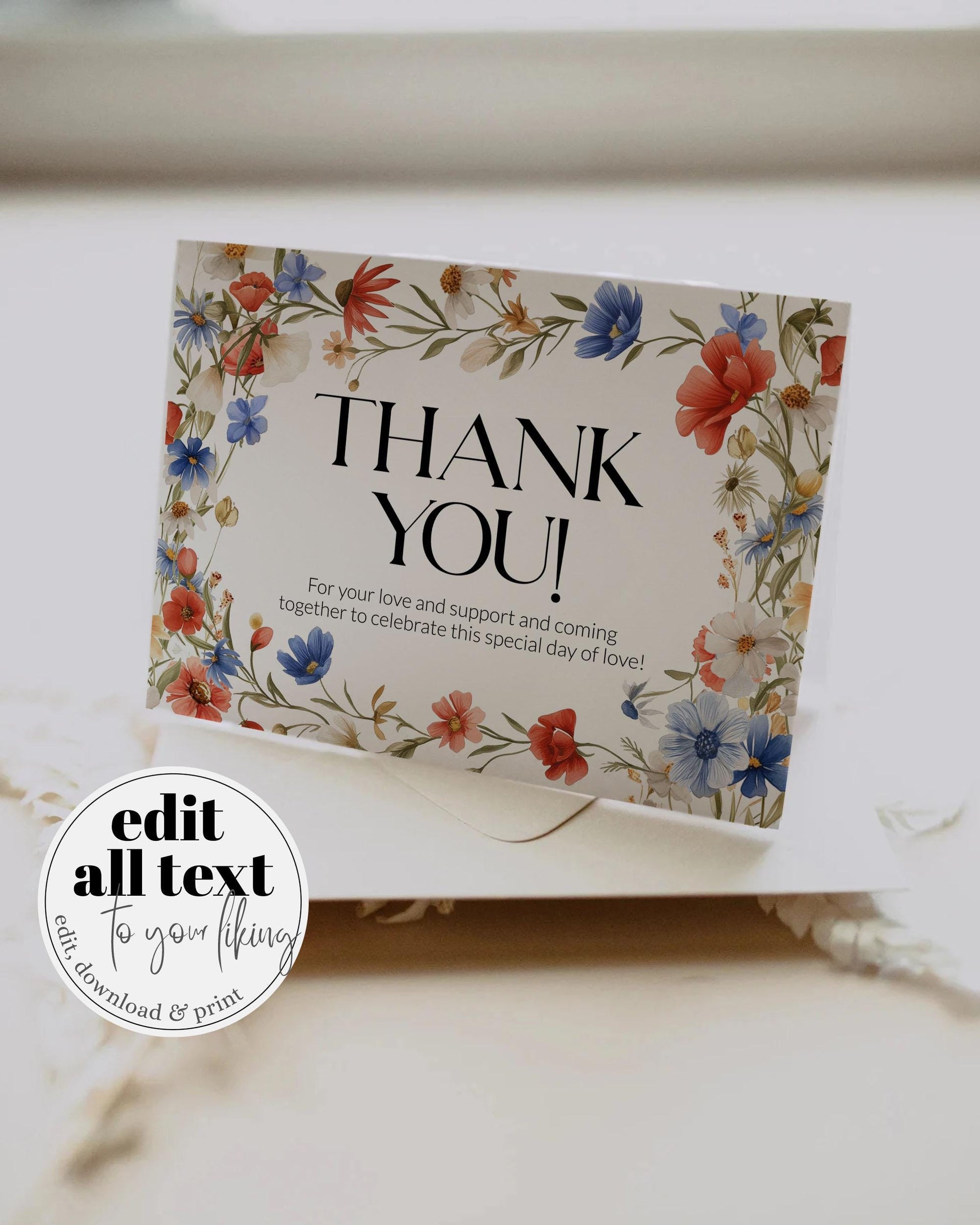 Wildflower 4th of July Thank you Card Template Red White and Blue Floral Baby Shower Thank you Note for Independence Day BBQ Grillout #072 - TheLovebirdsDesign