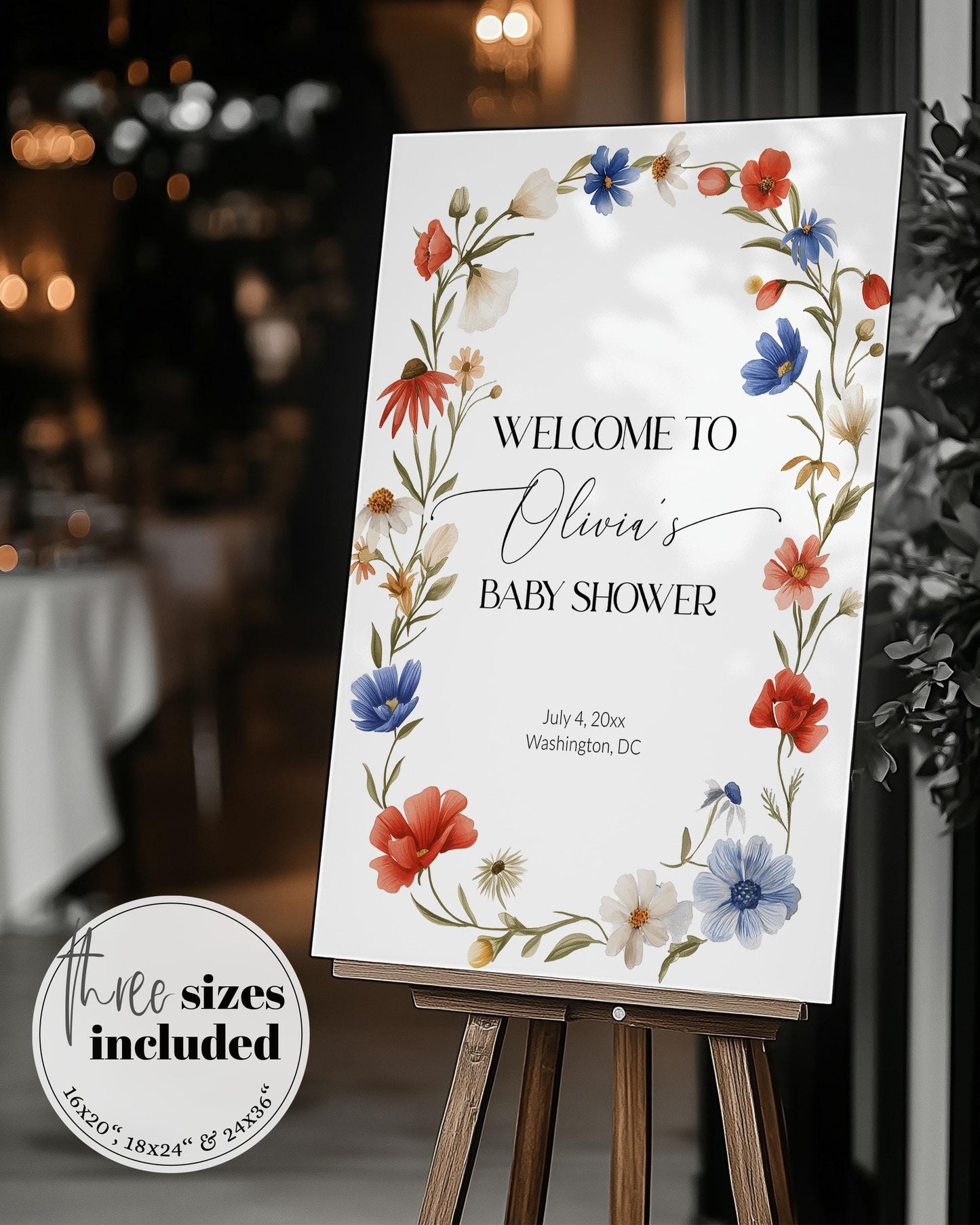 Wildflower 4th of July Baby Shower Welcome Sign Template Red White and Blue Floral Baby Shower Decor for Independence Day BBQ Grillout #072 - TheLovebirdsDesign
