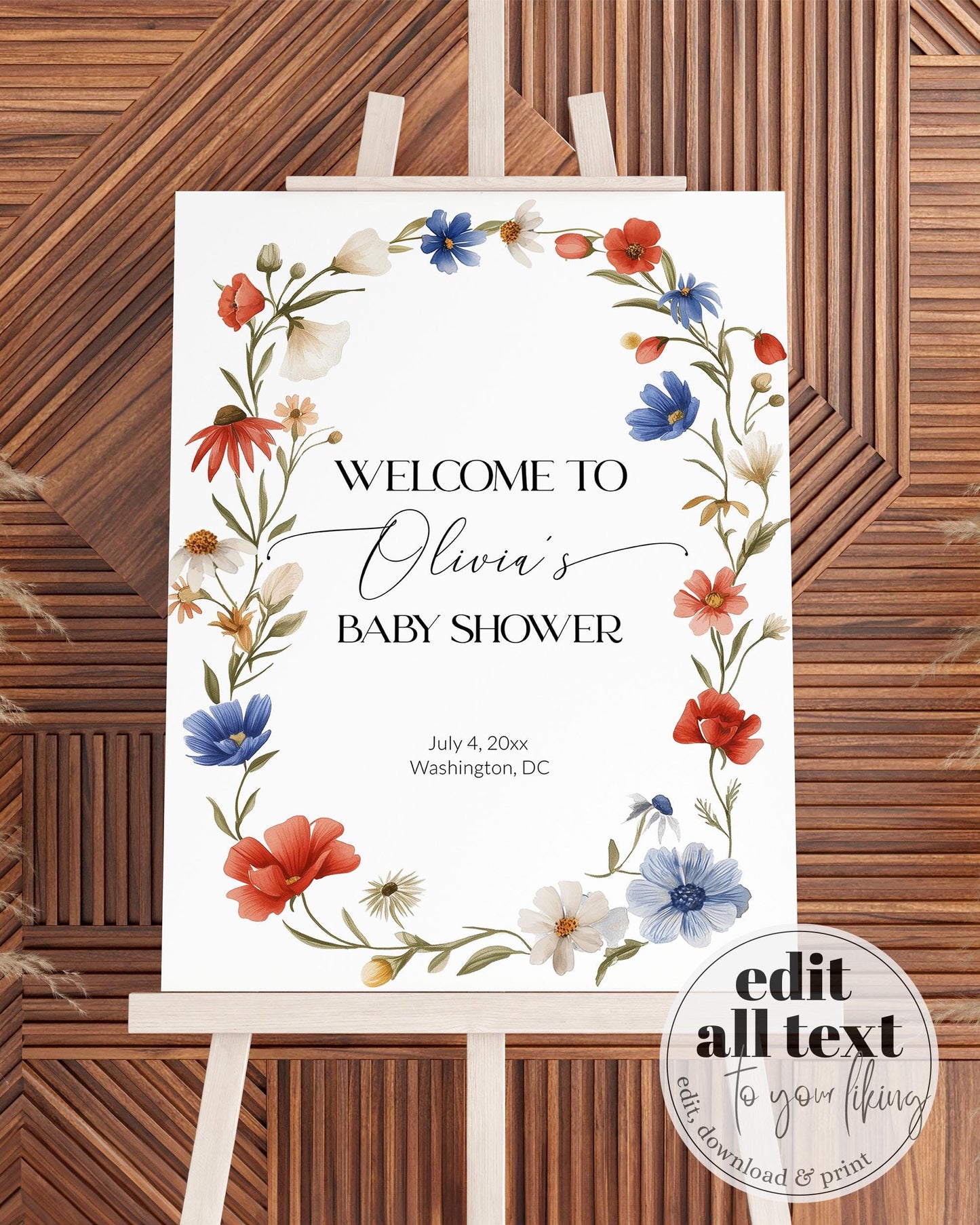 Wildflower 4th of July Baby Shower Welcome Sign Template Red White and Blue Floral Baby Shower Decor for Independence Day BBQ Grillout #072 - TheLovebirdsDesign