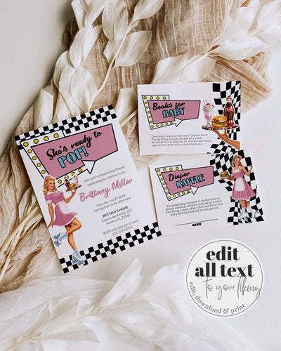 Ready to Pop Retro Soda Shop Baby Shower Invitation Girls Pink Summer Baby Shower Invite 50s Diner Soda Pop Themed Party Template #081 - TheLovebirdsDesign