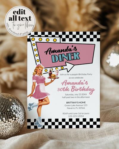 Retro Soda Pop Birthday Invitation 50s themed Birthday Diner Retro Groovy Birthday Bash Invite Template for Pink Blue Adult Party #081 - TheLovebirdsDesign