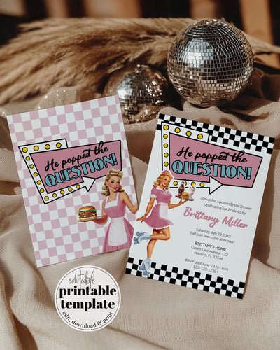 Retro Soda Shop Bridal Shower Invitation He popped the Question Soda Pop Bridal Shower Invite Template for Groovy 50s Diner Themed Party#081 - TheLovebirdsDesign