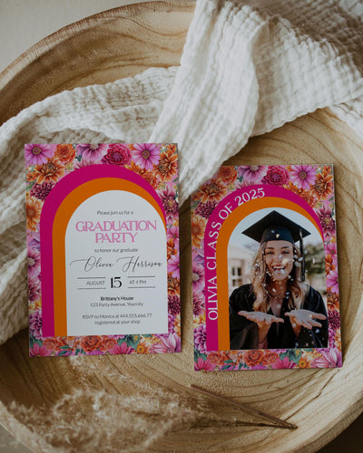 Pink Orange Graduation Party Invitation Template Vibrant Pink Class of 2025 Grad Invite Summer Garden Floral Graduation Brunch Party #072 - TheLovebirdsDesign