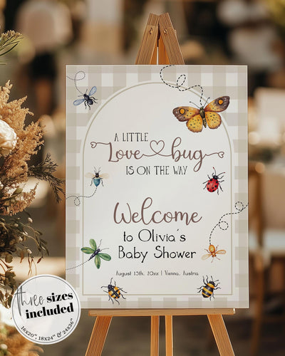 Cottagecore Love Bug Welcome Sign Template, Gingham Butterfly Baby Shower Printable #068 - TheLovebirdsDesign