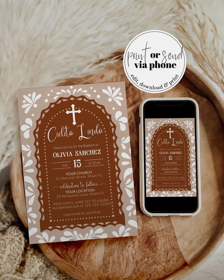 Cielito Lindo Baptism Invitation Editable Gender Neutral Mexican themed Baptism Invite Template Cielito Lindo Talavera Papel Picado #067 - TheLovebirdsDesign