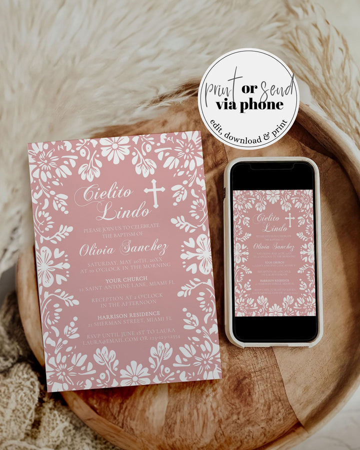 Pink Cielito Lindo Baptism Invitation Editable Mexican themed Baptism Invite Template Cielito Lindo Bautizo Talavera Papel Picado #067 - TheLovebirdsDesign
