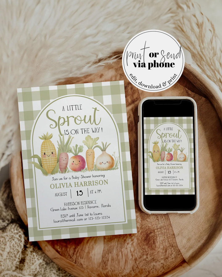 A Little Sprout Baby Shower Invite Editable Green Locally Grown with Love Baby Sprinkle Invitation for Farmers Market Shower Printable #068 - TheLovebirdsDesign