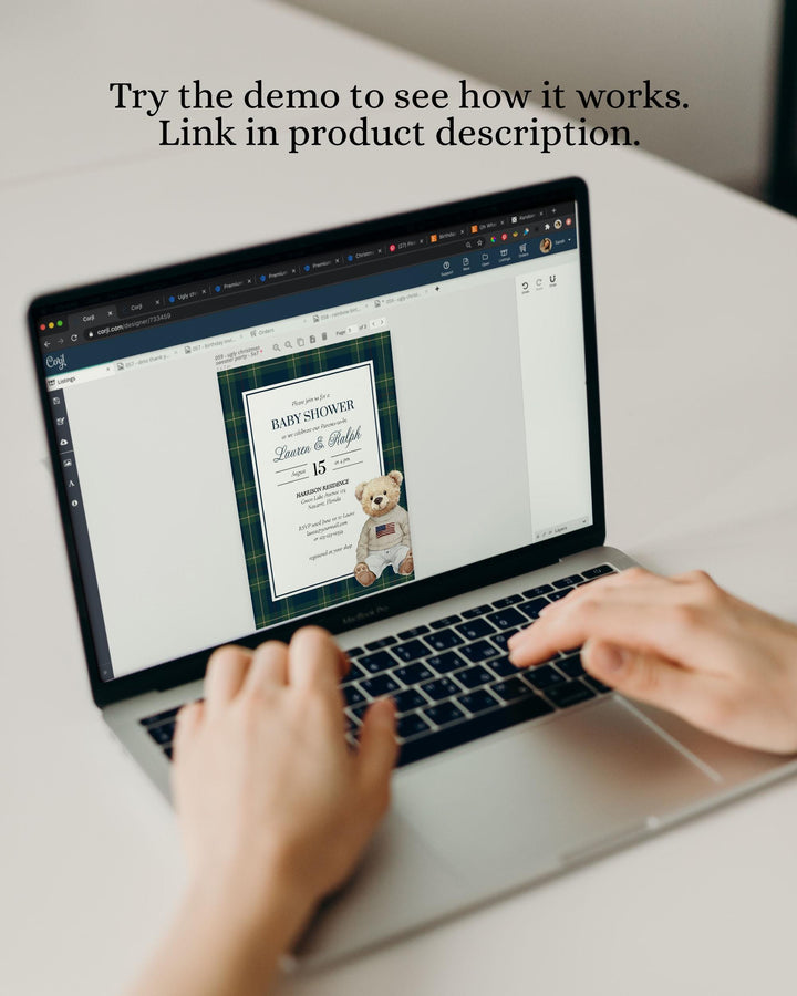 Classic Luxury Ralph Polo Baby Shower Invitation Gender Neutral Beige Bear Baby Shower Invite Teddy Bear Plaid Elegant Theme Template #068 - TheLovebirdsDesign