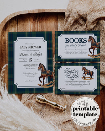 Vintage Classic Rocking Horse Polo Baby Shower Invitation for Boys Girls Blue Green Plaid Unique Equestrian Shower Invite Template #068rl - marryful.org