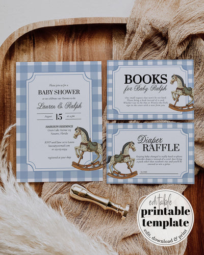 Rocking Horse Baby Shower Invitation, Blue Gingham Photo Invite with Diaper Raffle Template 068BL-BSINV - marryful.org