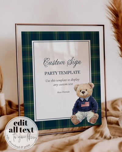 Vintage Polo Teddy Bear Custom Sign for Baby Shower Decorations Boys or Girls Luxury Bear Baby Shower Editable Sign Template #068 - TheLovebirdsDesign