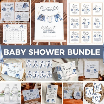 Collage of baby shower invitations, signs, and favors with a blue jeans baby shower theme.