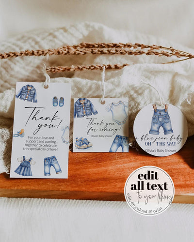 Blue Jean Baby Shower Favor Tags Labels and Sticker Boys Denim Diamond Blue Jeans Baby on the Way Denim Shower Theme Decor Template #072 - TheLovebirdsDesign