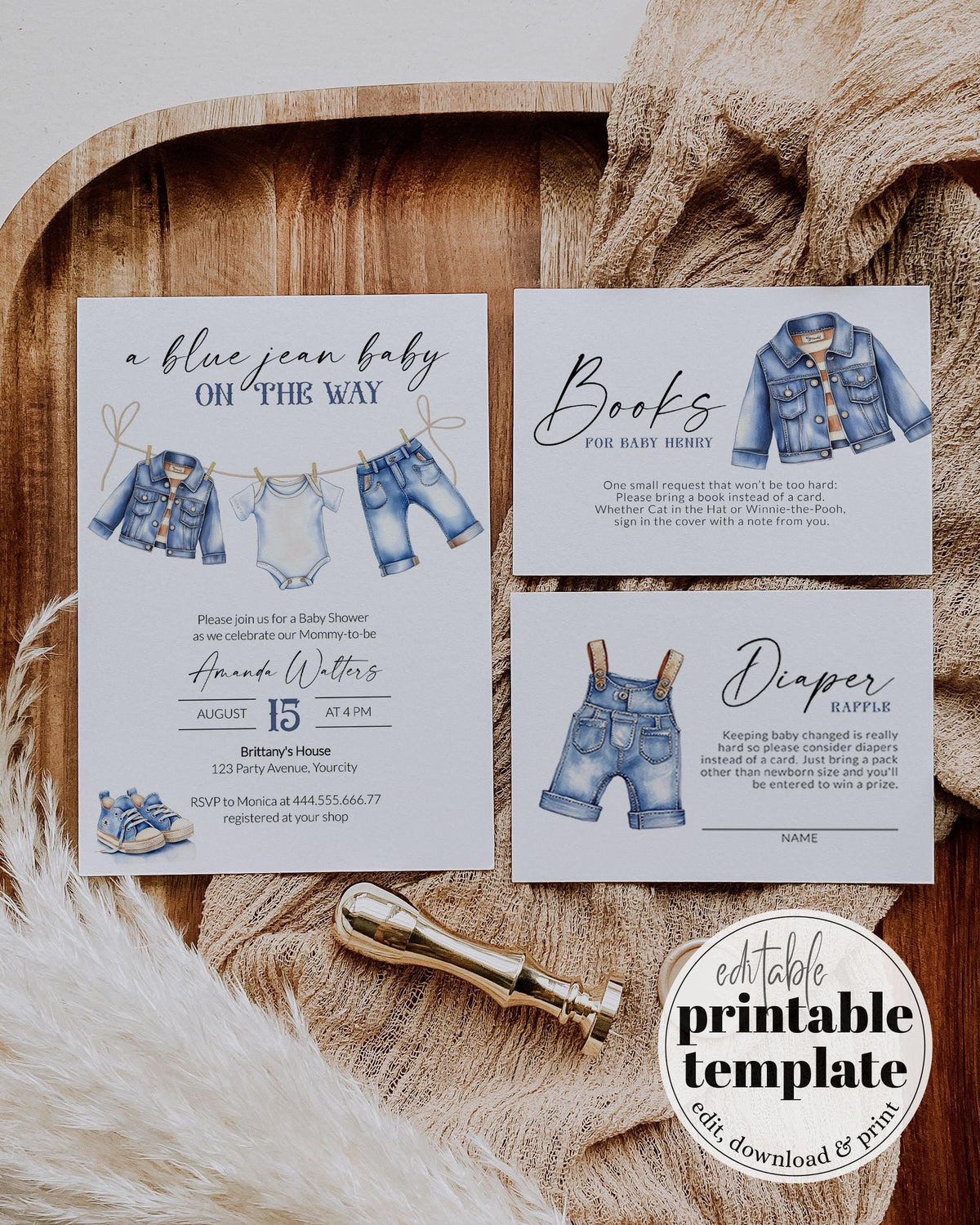 Blue Jean Baby Shower Bundle Boys Denim Diamond Jeans Baby on the Way Baby Shower Invitation