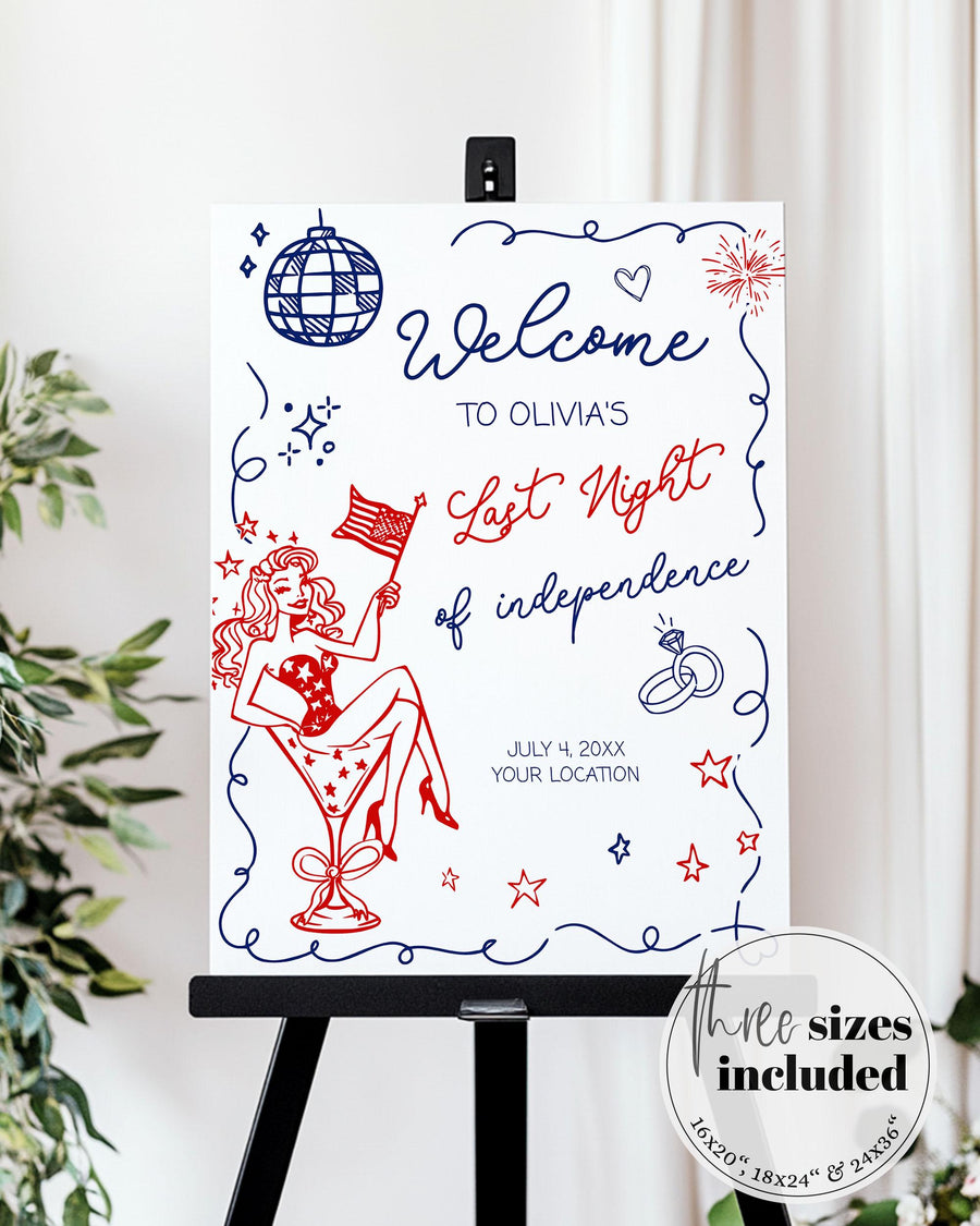4th of July Bachelorette Welcome Sign Patriotic Wavy Frame Handwritten Doodle Editable Template 070IND-WLCM - marryful.org