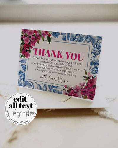 Dancing Queen Thank you Card She found her Honey Disco Blue Pink Thank you Note for Mediterranean Mama Pink Flowers Mia Template #072 - TheLovebirdsDesign