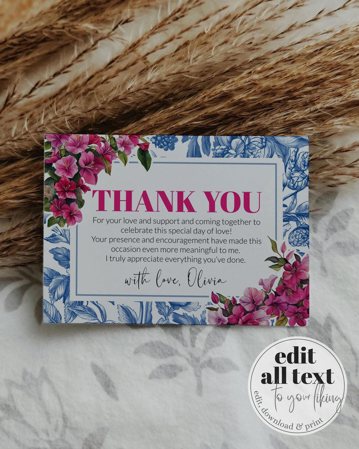Dancing Queen Thank you Card She found her Honey Disco Blue Pink Thank you Note for Mediterranean Mama Pink Flowers Mia Template #072 - TheLovebirdsDesign