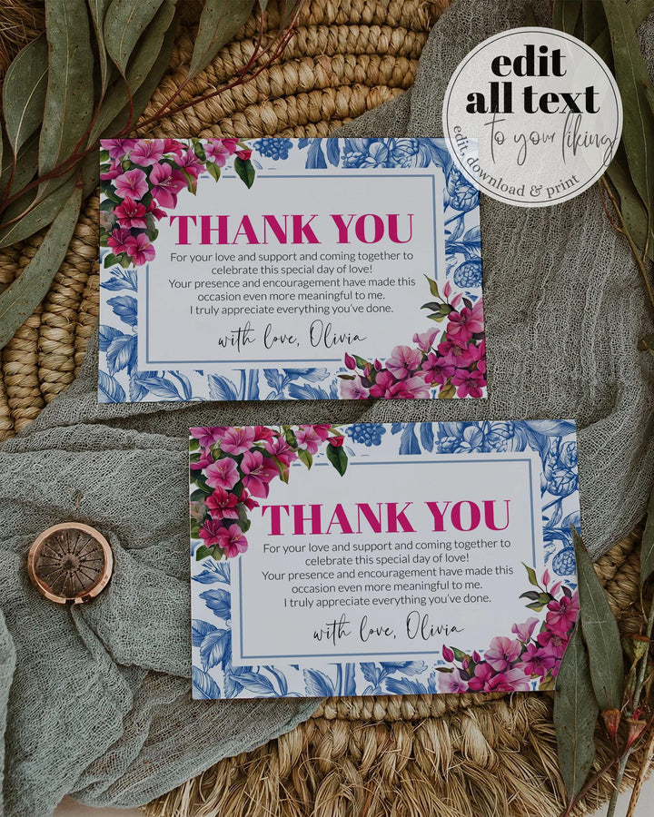Dancing Queen Thank you Card She found her Honey Disco Blue Pink Thank you Note for Mediterranean Mama Pink Flowers Mia Template #072 - TheLovebirdsDesign