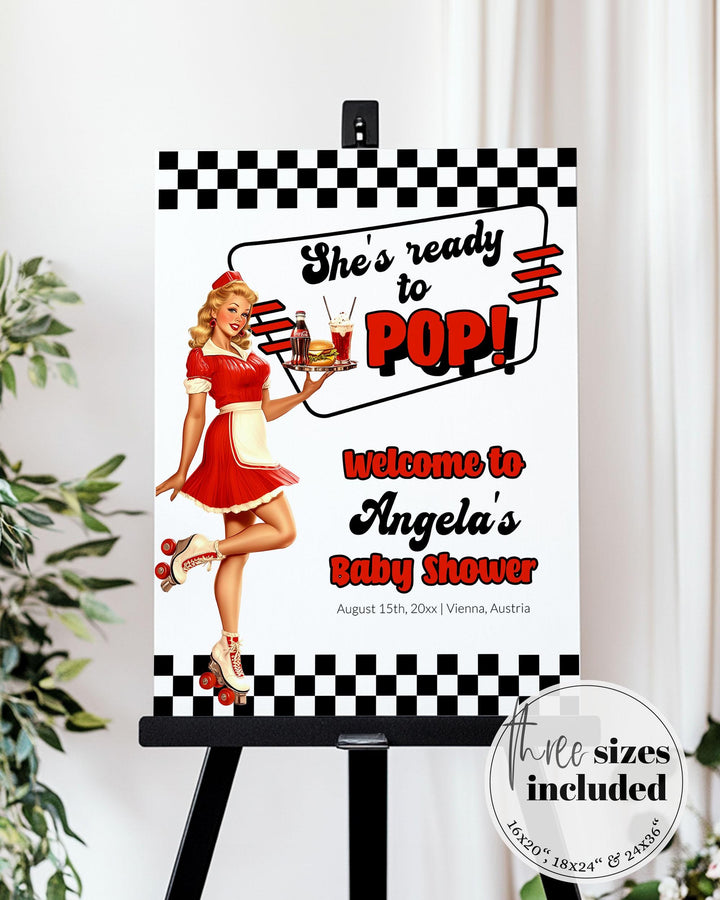 Soda Shop Baby Shower Welcome Sign She's ready to POP Retro Summer Baby Shower Decorations Sign Template Cherry Cola Themed Party #081 - TheLovebirdsDesign