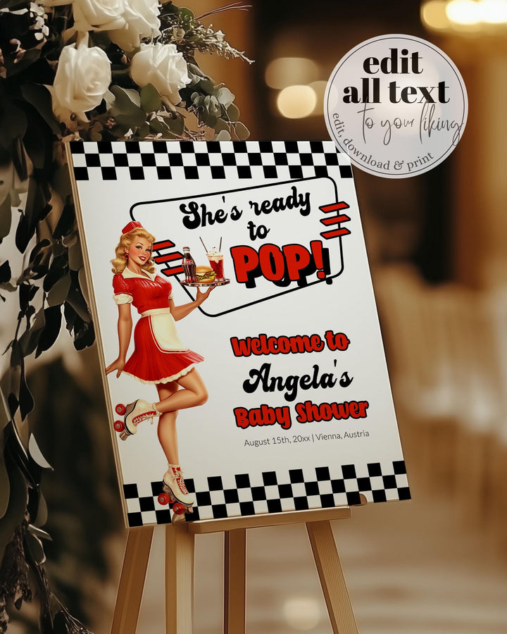 Soda Shop Baby Shower Welcome Sign She's ready to POP Retro Summer Baby Shower Decorations Sign Template Cherry Cola Themed Party #081 - TheLovebirdsDesign