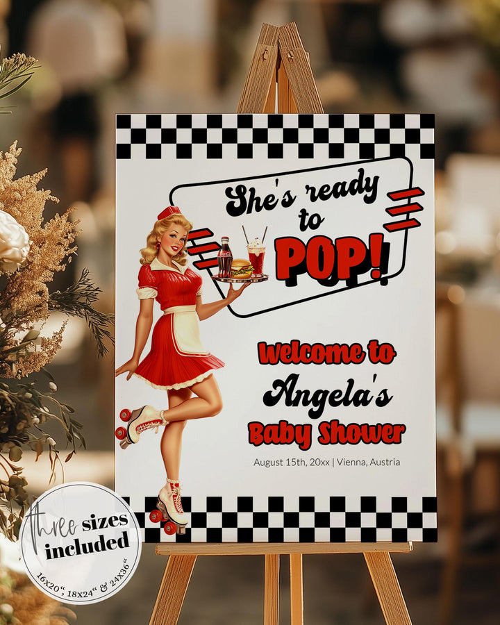 Soda Shop Baby Shower Welcome Sign She's ready to POP Retro Summer Baby Shower Decorations Sign Template Cherry Cola Themed Party #081 - TheLovebirdsDesign