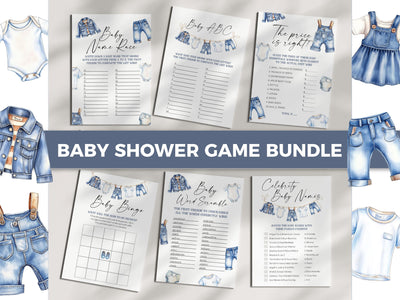 Blue Jean Baby Shower Game Bundle Printable Boys Denim Diamond Jean Baby Shower Games Editable Denim Shower Guest Activity Template #072 - TheLovebirdsDesign