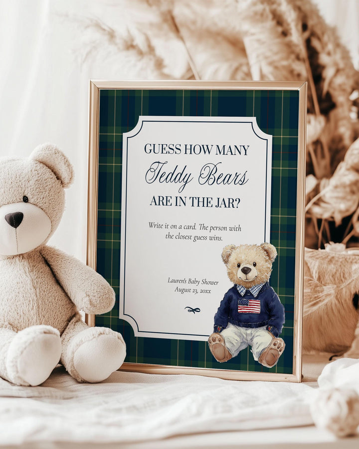 Guess how many Classic Luxury Polo Baby Shower Guessing Game How many Teddy Bears are in the Jar for Boys Bear Baby Shower Template #068 - TheLovebirdsDesign
