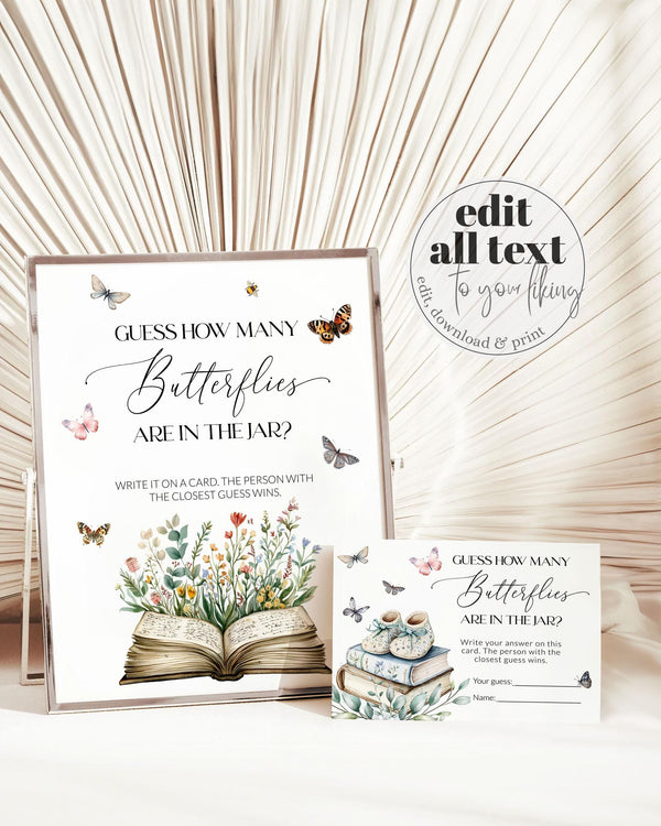 A New Chapter Begins Baby Shower Game Sign How many Butterflies are in the Jar Guess How Many Game Storybook Baby Shower Game Template #068 - TheLovebirdsDesign