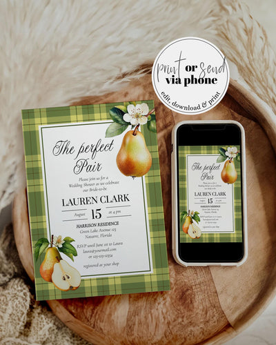 Pear Bridal Shower Invitation Template, Green Plaid, Rustic Fall, Digital Download 068PP-BSINV-GR - marryful.org