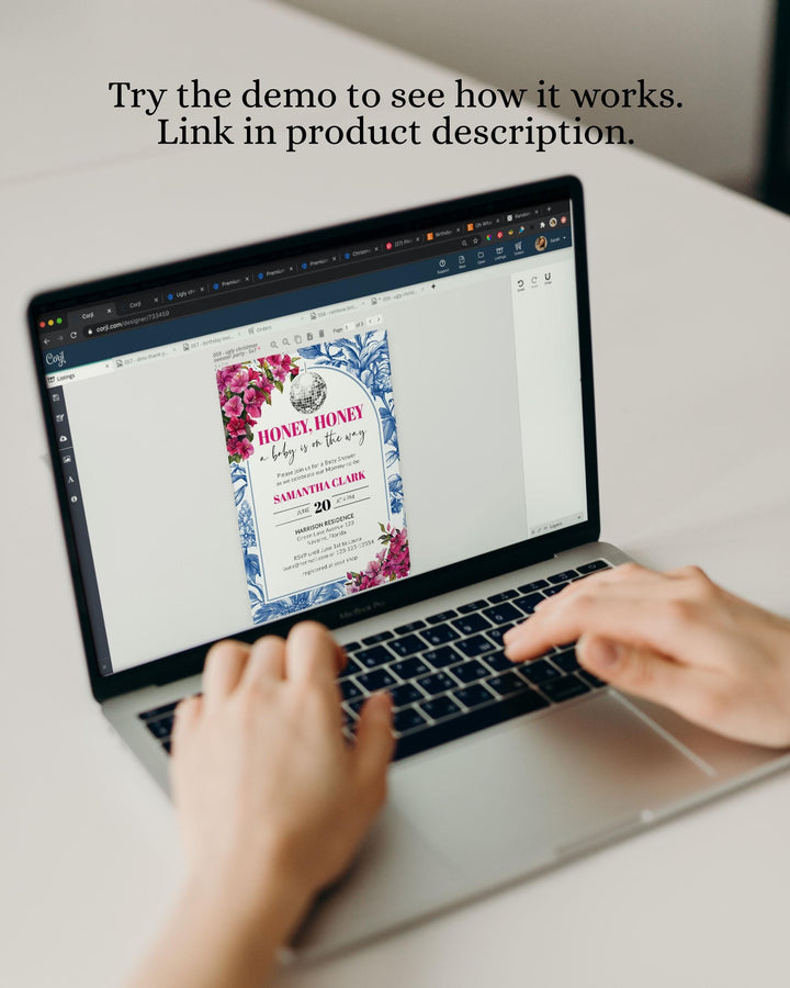 Dancing Queen Baby Shower Invite Honey Honey Disco Baby Shower Suite Printable Mediterranean Greek Mama Pink Floral Invitation Template #072 - TheLovebirdsDesign