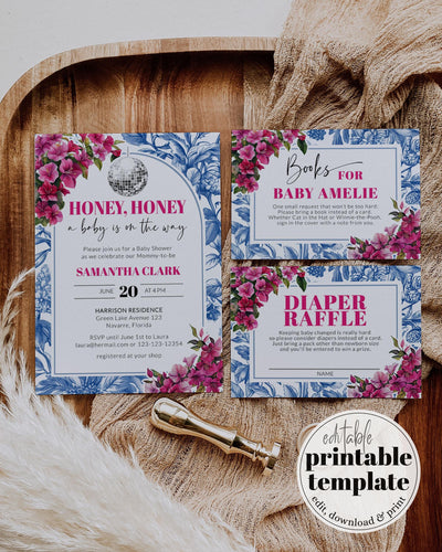 Dancing Queen Baby Shower Invite Honey Honey Disco Baby Shower Suite Printable Mediterranean Greek Mama Pink Floral Invitation Template #072 - TheLovebirdsDesign