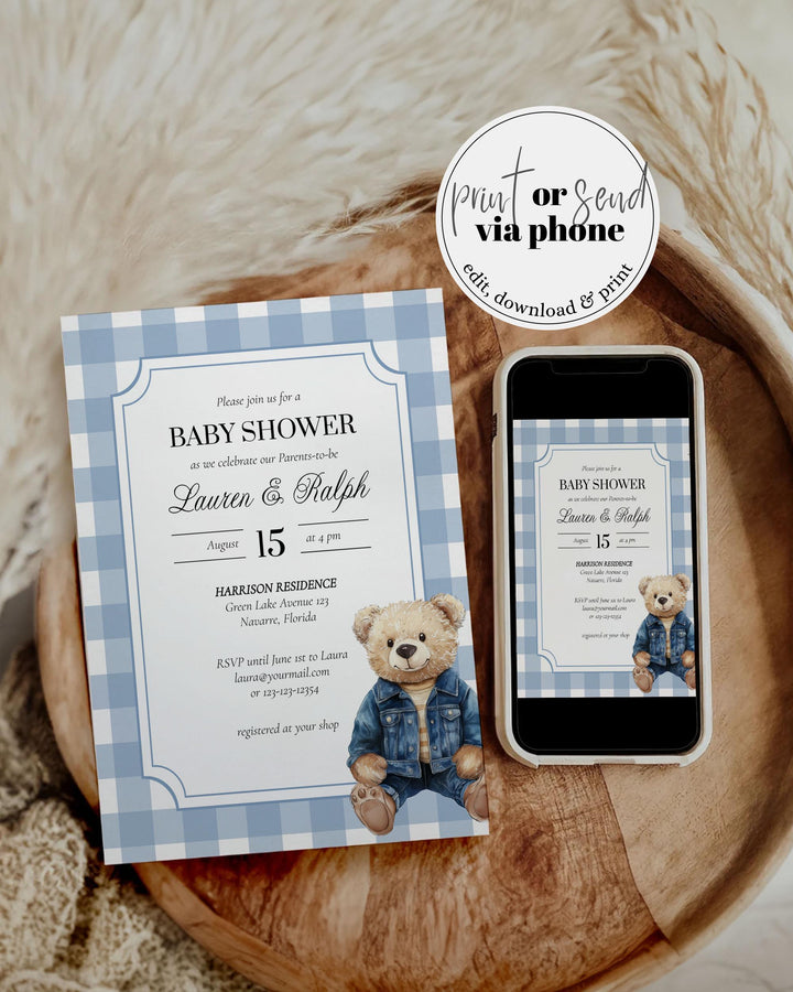 Blue Jeans Teddy Bear Baby Shower Invitation for Boys Printable Vintage Classic Polo Teddy Bear Denim Baby Shower Invite Template #068 - TheLovebirdsDesign