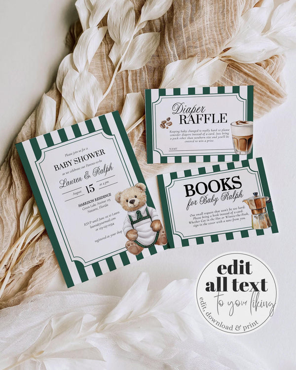 Vintage Classic Coffee Shop Bear Baby Shower Invitation Gender Neutral Bear A Baby is Brewing Shower Invite Template Green Stripes #068 - TheLovebirdsDesign