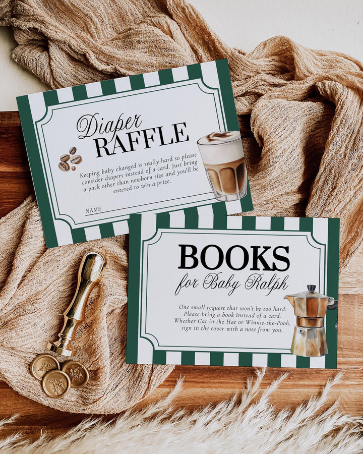 Vintage Classic Coffee Shop Bear Baby Shower Invitation Gender Neutral Bear A Baby is Brewing Shower Invite Template Green Stripes #068 - TheLovebirdsDesign