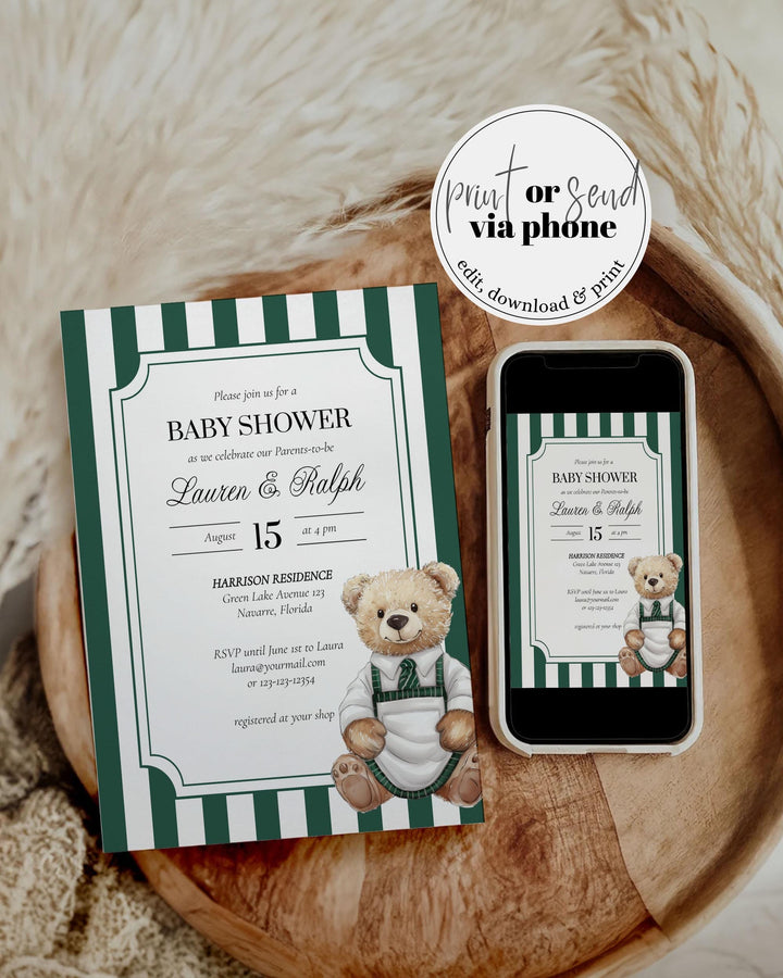 Vintage Classic Coffee Shop Bear Baby Shower Invitation Gender Neutral Bear A Baby is Brewing Shower Invite Template Green Stripes #068 - TheLovebirdsDesign