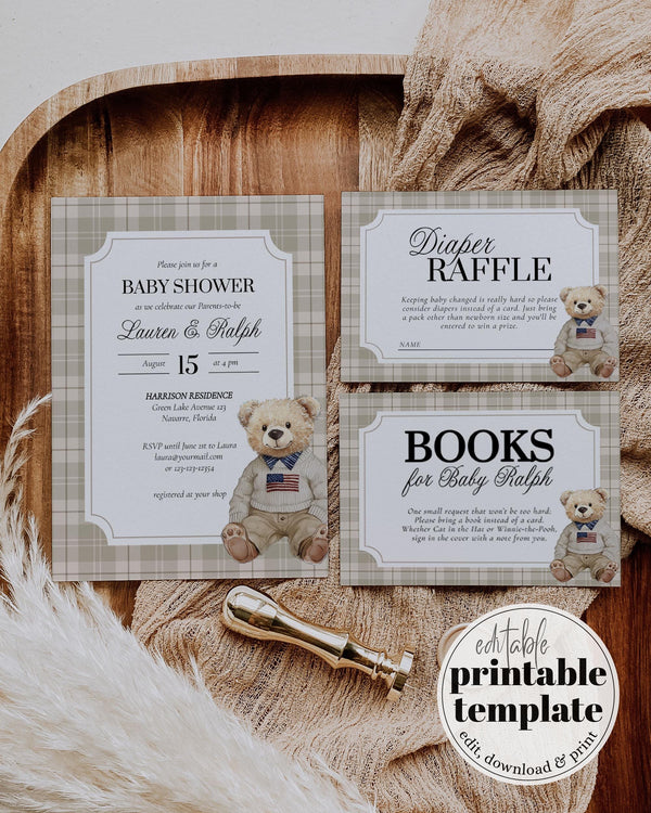 Classic Polo Teddy Bear Baby Shower Invitation Gender Neutral Editable Bear Baby Shower Invite Template Luxury Beige Plaid Theme #068 - TheLovebirdsDesign