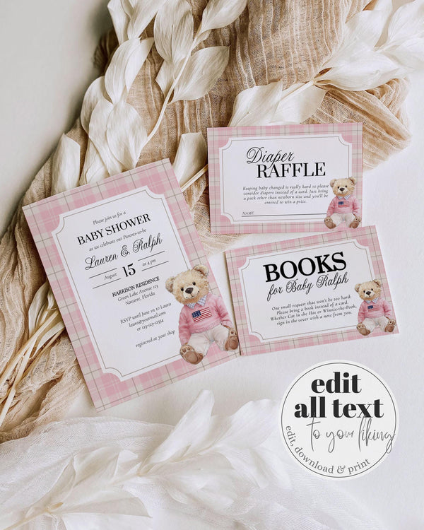 Pink Polo Teddy Bear Baby Shower Invitation for Girls Editable Vintage Classic Bear Baby Shower Invite Elegant Plaid Theme Template #068 - TheLovebirdsDesign