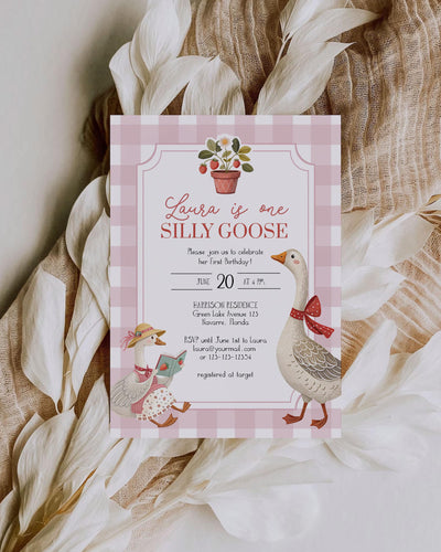 Strawberry Silly Goose Birthday Invitation Berry First Birthday Pink ONE Silly Goose Invite for Girls Coquette Garden Party Template #068 - TheLovebirdsDesign