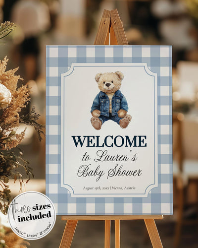 Blue Jeans Teddy Bear Welcome Sign for Boys Baby Shower Decorations Sign Printable Gingham Polo Teddy Bear Denim Party Sign Template #068 - TheLovebirdsDesign