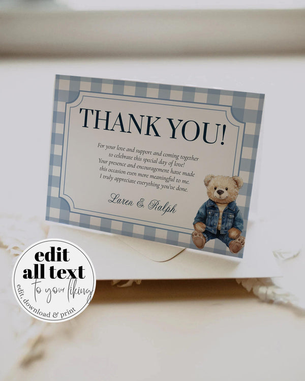 Blue Jeans Teddy Bear Thank you Card for Boys Baby Shower Printable Gingham Polo Teddy Bear Denim Thank you Note Template #068 - TheLovebirdsDesign
